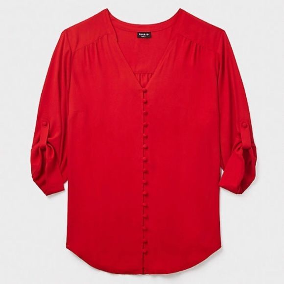 TORRID HARPER - RED GEORGETTE BUTTON-LOOP BLOUSE - Picture 4 of 8